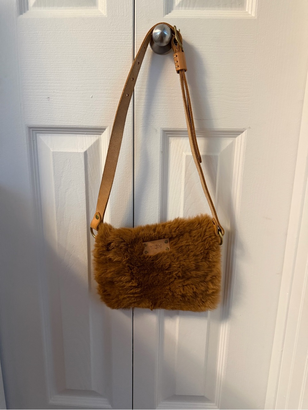 Faux Fur Crossbody Bag in Tan with Adjustable Strap